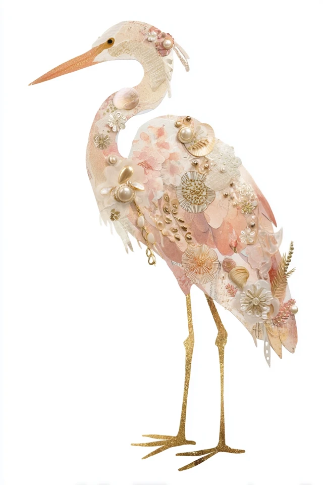 Elegant Egret Collage Art - Shabby Chic and Vintage Elements