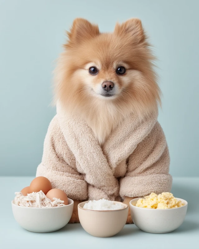 Fluffy Pomeranian in Robe with Food Bowls: Cute Stock Photo