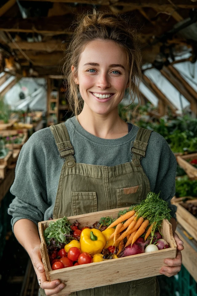 Happy Woman Gardener with Fresh Vegetables