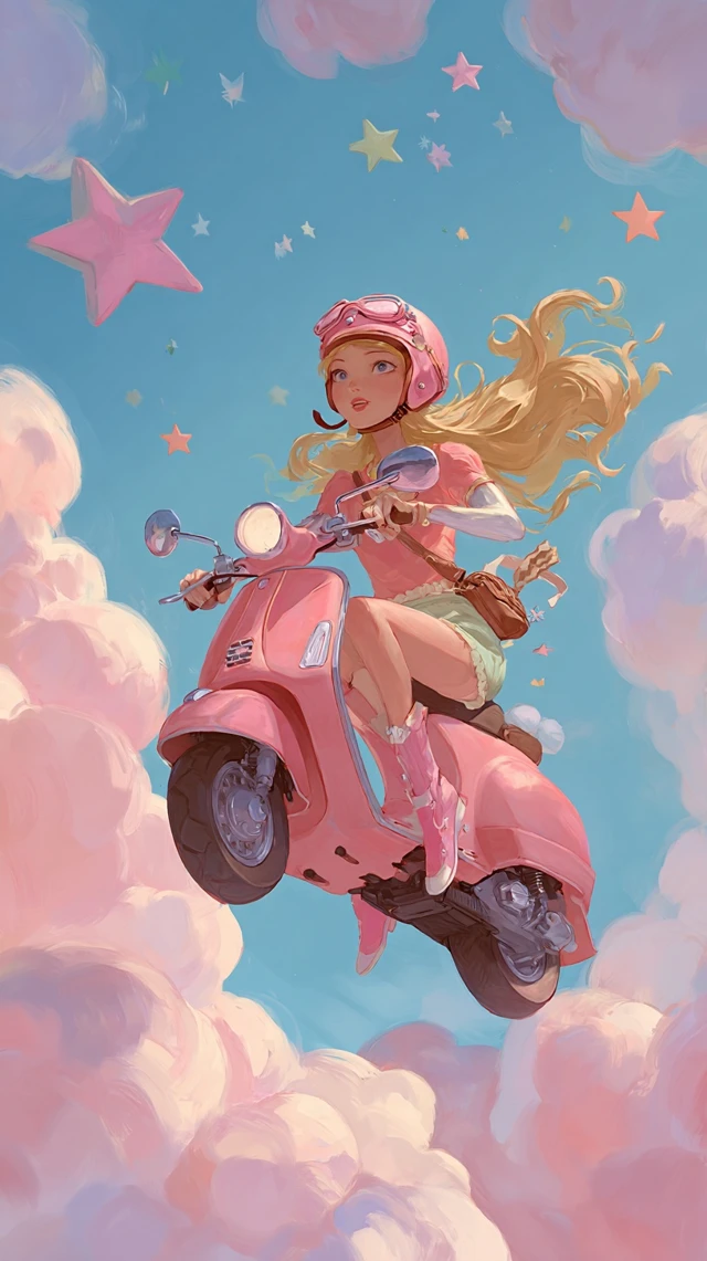 Cute Girl Riding Scooter In The Sky Pastel Illustration