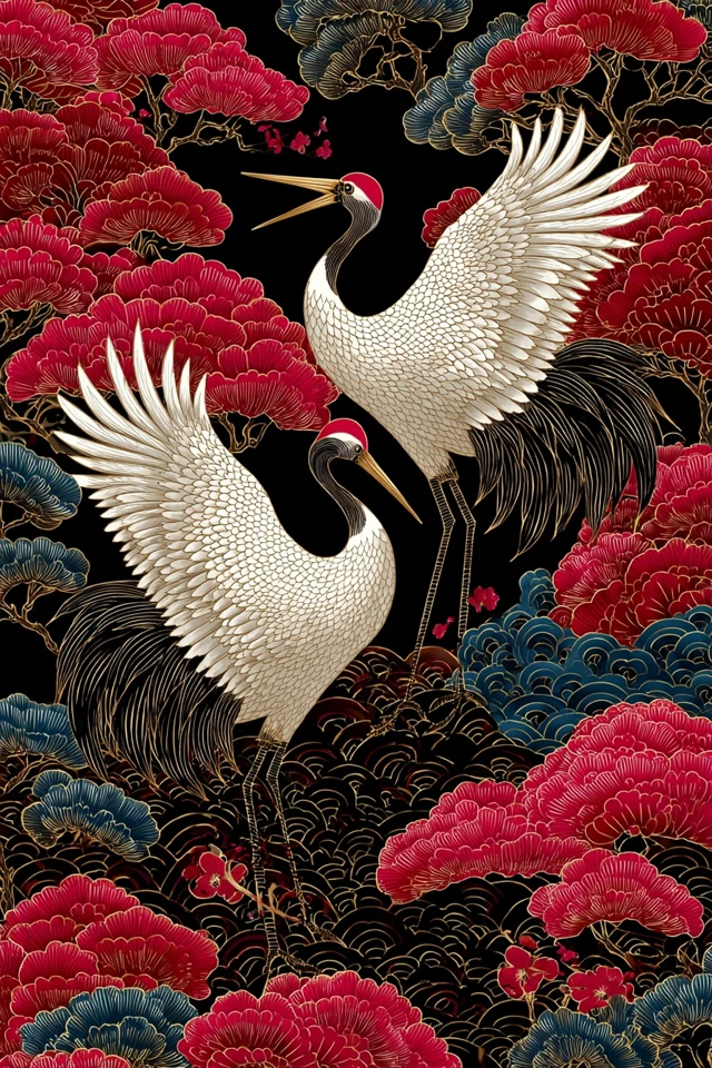 Retro Japanese Crane Art Kimono Pattern Wallpaper