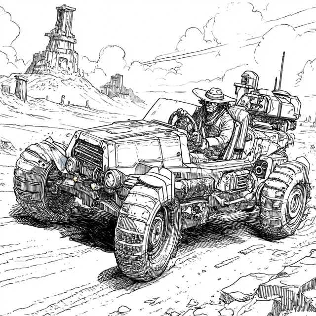 Shadow Pilot Driving Wasteland SciFi Tractor Coloring Page