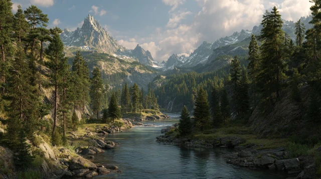 Mountain River Forest Scene 8k