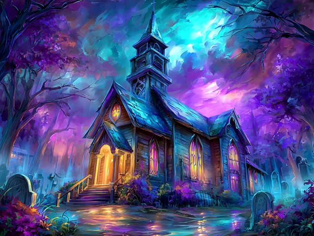 Haunted Church Spooky Gothic Painting