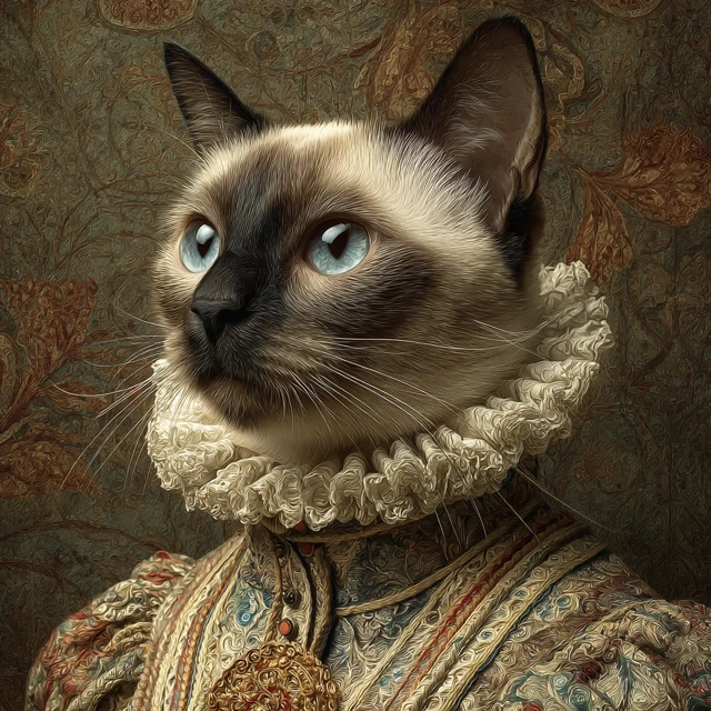 Victorian Siamese Cat Portrait with Frilly Collar