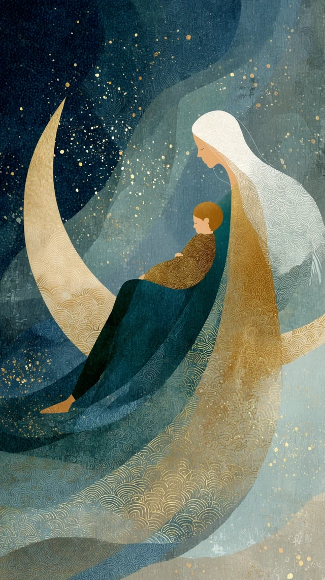 Mother and Baby on Crescent Moon Acrylic Painting