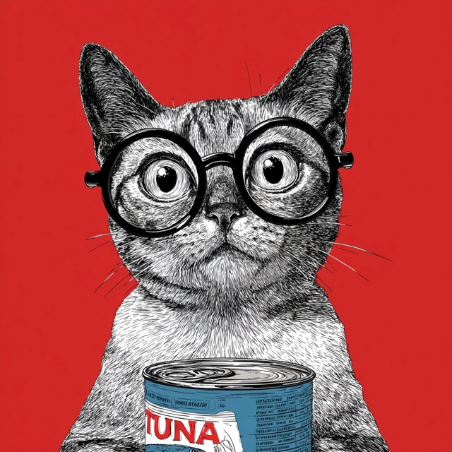 Cat with Eyeglasses Judging Tuna Can Funny Vector