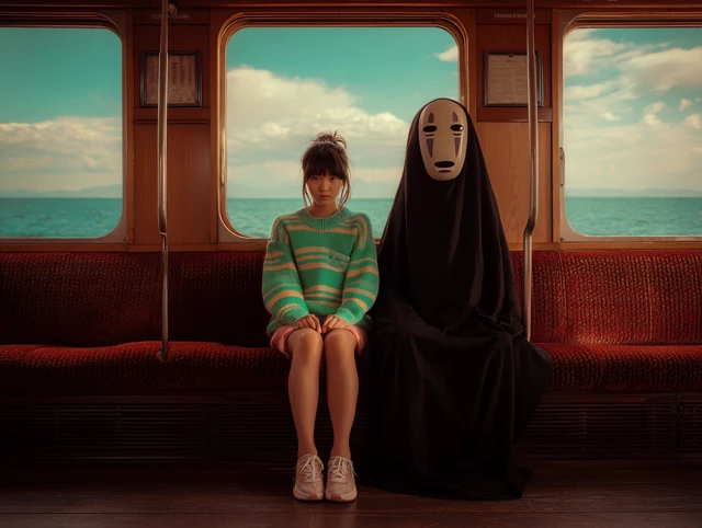 Girl and No-Face on Train: Dreamlike Cinematic Shot