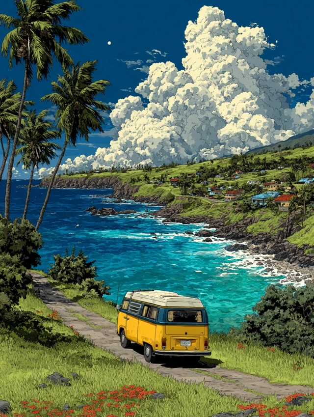 Hawaiian Coastline Yellow Van Illustration Art
