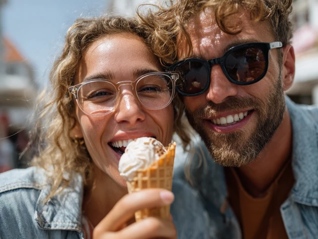 Couple Sharing Ice Cream Summer Day Joyful Moment