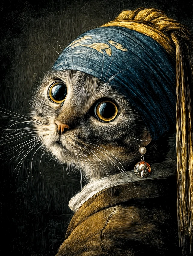Cat with a Fish Earring Vermeer Parody Art