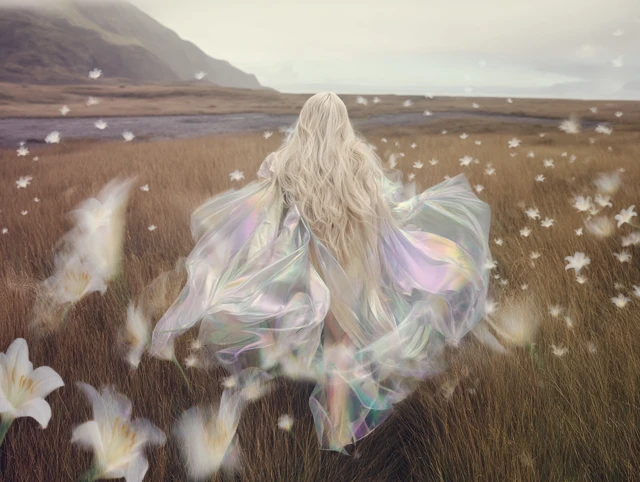 Surreal Blonde Woman Running Through Lilies Ethereal Scene