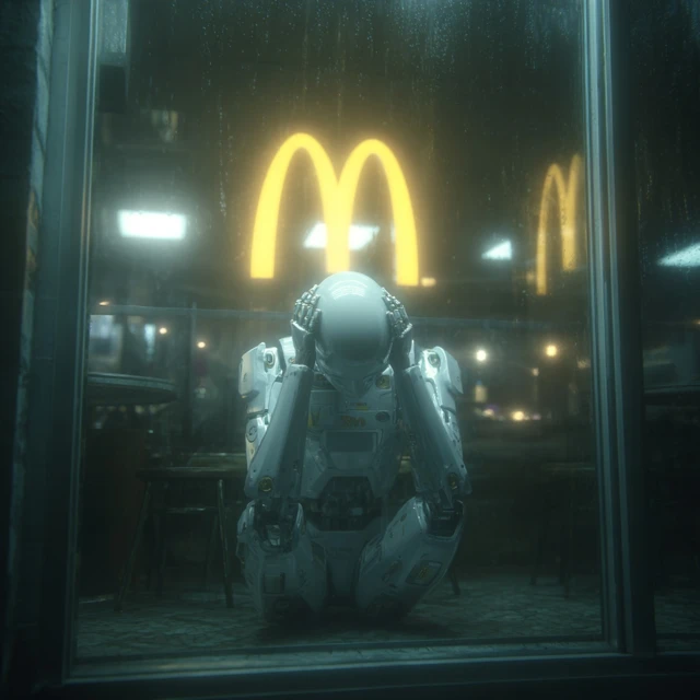 Disappointed AI Robot in McDonald''s Cyberpunk Scene
