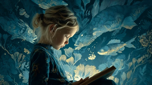 Girl Reading a Book with Dream Creatures 8k