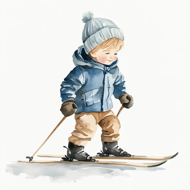 Cute Boy Skiing Watercolor Illustration for Nursery
