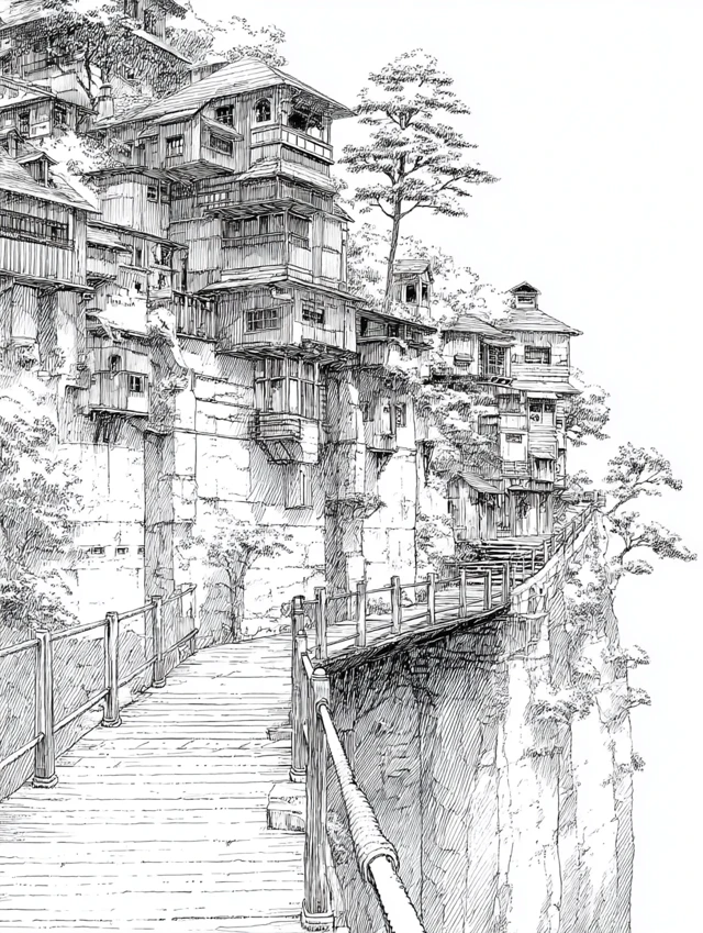 Ghibli Style Cliffside Houses and Bridge