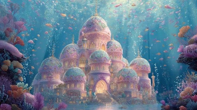 Underwater Mermaid Castle Dreamy Fantasy Scene