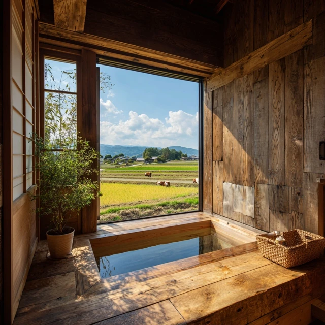 Japanese Style Wooden Bathtub With Field View