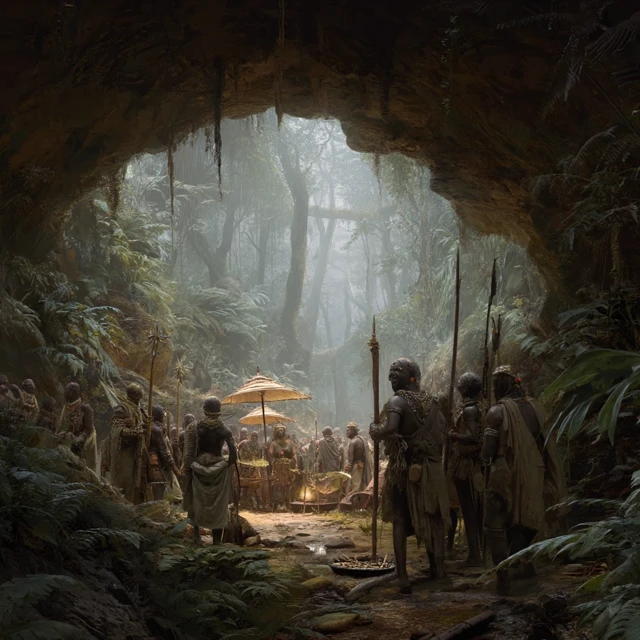 Tribal Gathering Around a Fireplace Forest Scene