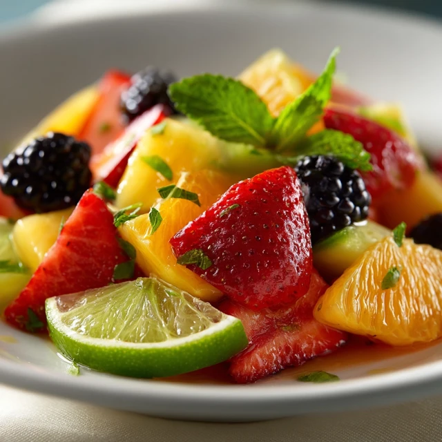 Delicious Fruit Salad with Honey Lime Dressing Photorealistic