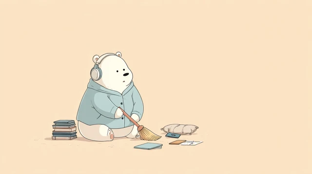 Cartoon Bear Sweeping with Headphones Illustration