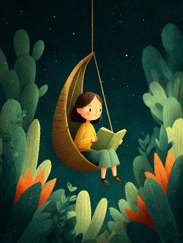Girl Reading Under Moonlight Illustration