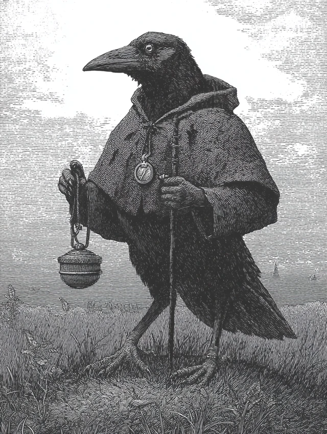 Engraved Crow Knight Errant in Windswept Landscape