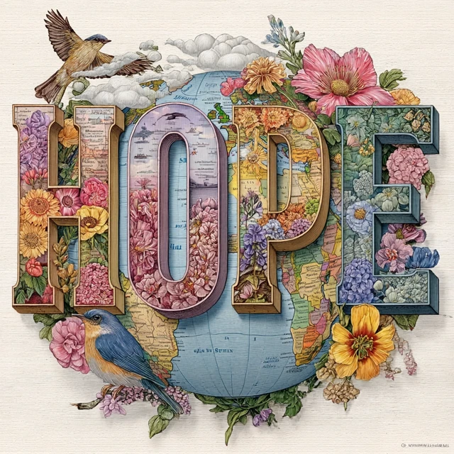 Hope and Peace Floral Illustration with Birds