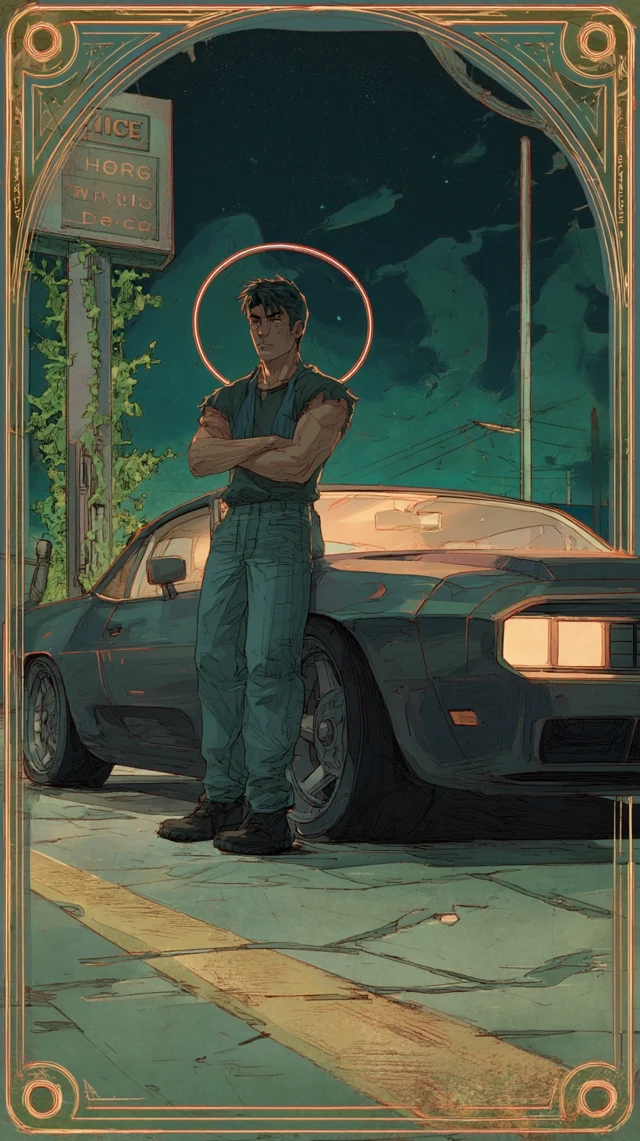 Art Nouveau Tarot Card Asian Man Muscle Car