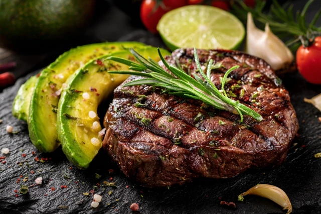 Grilled Beef Steak with Avocado and Garlic