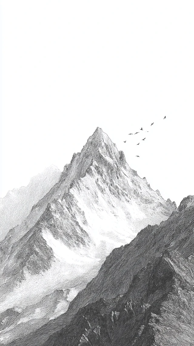 Sketchy Mountain Illustration Black and White Landscape Art