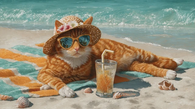 Relaxed Cat on Beach Sunglasses and Sunhat