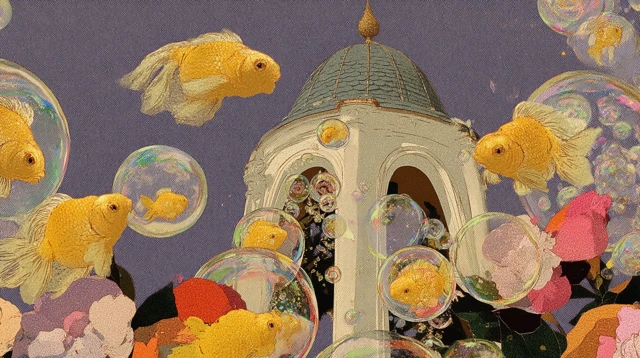 Goldfish Castle in Bubbles Dreamy Illustration