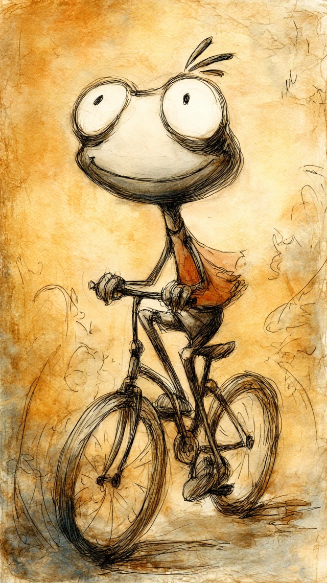 Cute Frog on Bicycle Watercolor Sketch