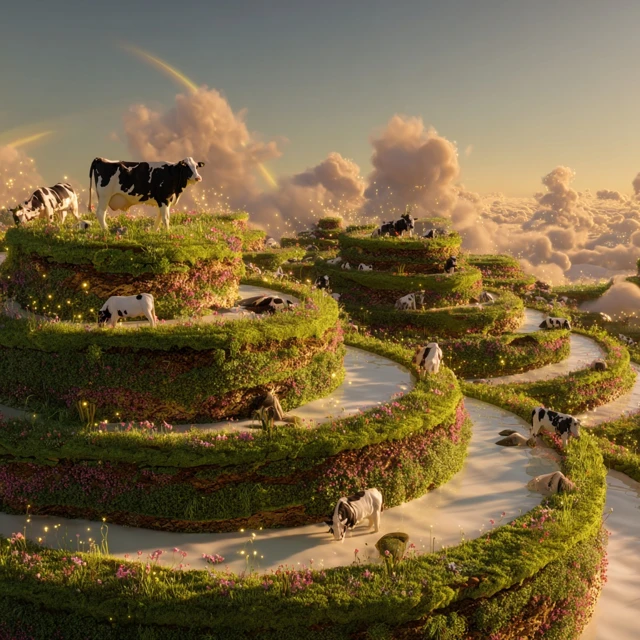 Surreal Floating Cookie Islands Cow Paradise 3D Art