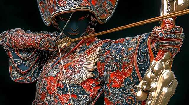 Japanese Archer Illustration: Phoenix Robe and Golden Bow