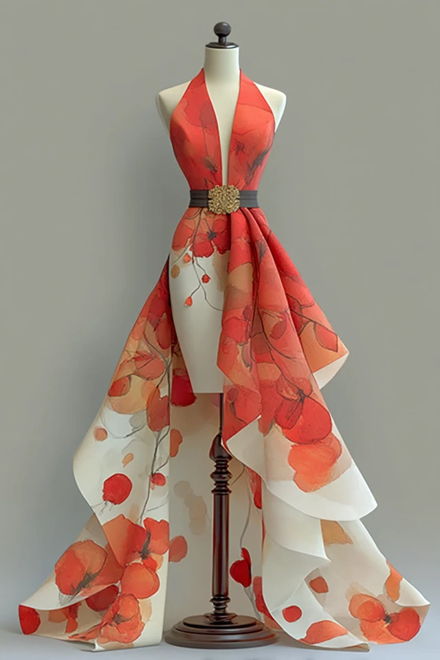 Dress Design Floral Print Fashion Sketch
