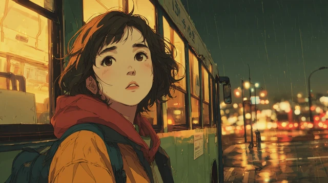 Anime Girl at Bus Stop Rainy Evening Illustration
