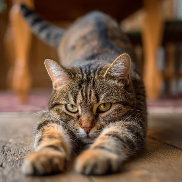 Brown Tabby Cat Stretching on Gray Background