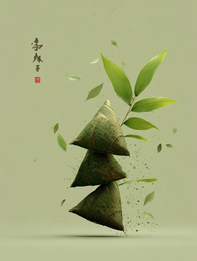 Floating Zongzi with Bamboo Leaves 3D Render