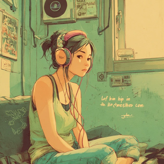 LoFi Japanese Girl Listening to Music Illustration