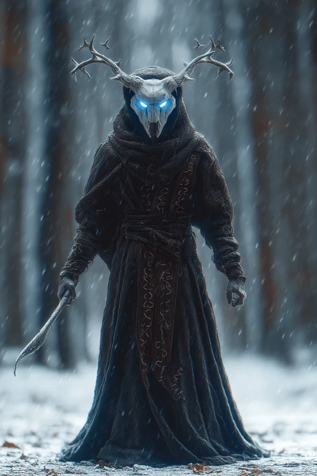 Masked Warrior in Snowy Forest Fantasy Art