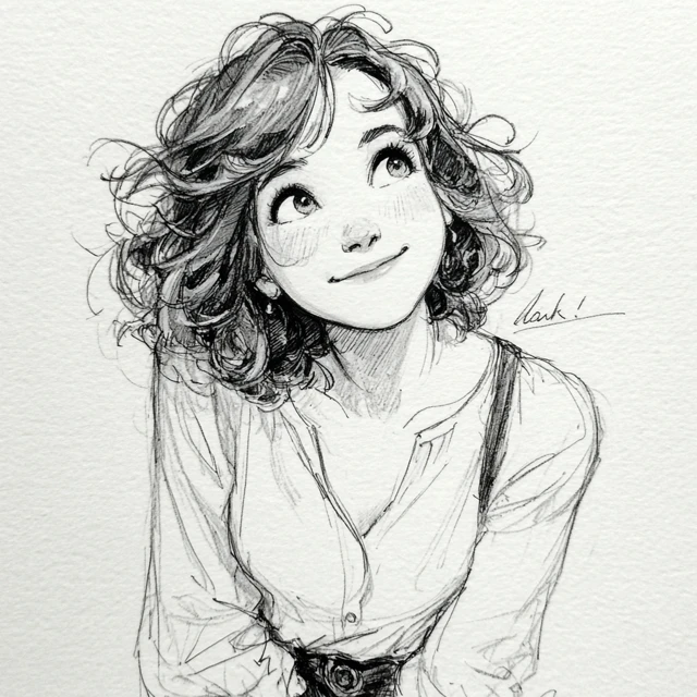 Cute Line Drawing Illustration of a Young Woman