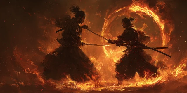 Samurai Fight In Hell Fire Digital Art