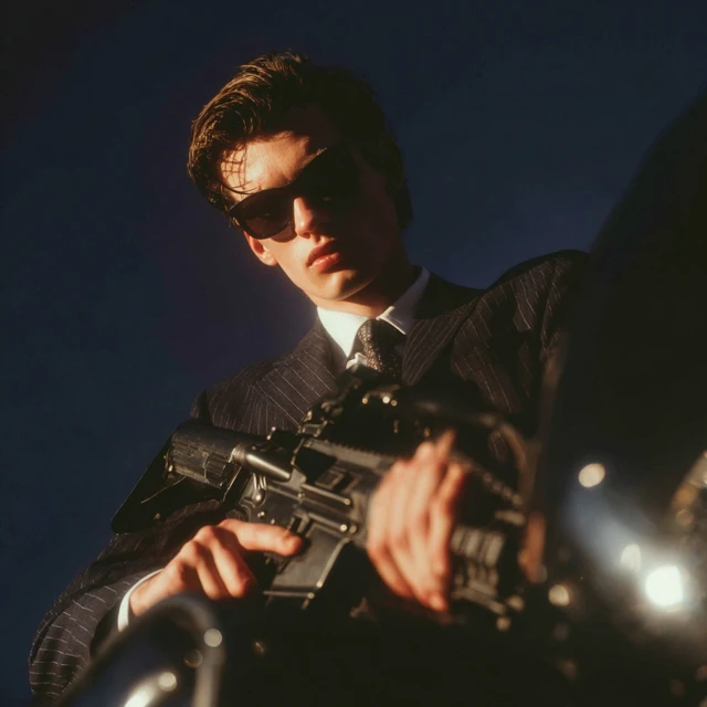 Man in Suit with Rifle Motorcycle Yves Saint Laurent