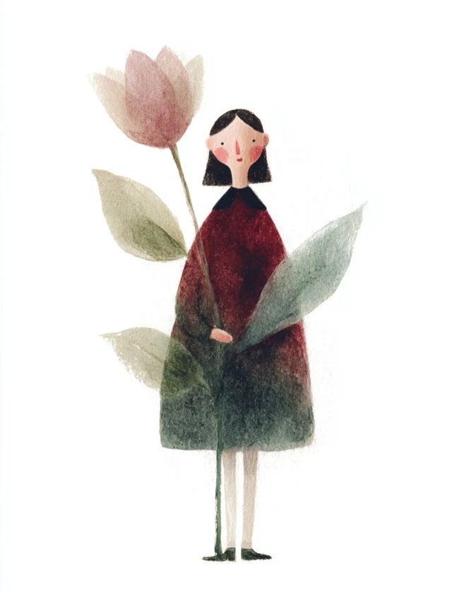 Girl Holding Tulip Watercolor Illustration