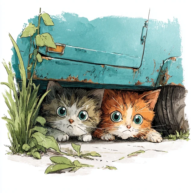 Cute Kittens Hiding Under a Car Hand Painted