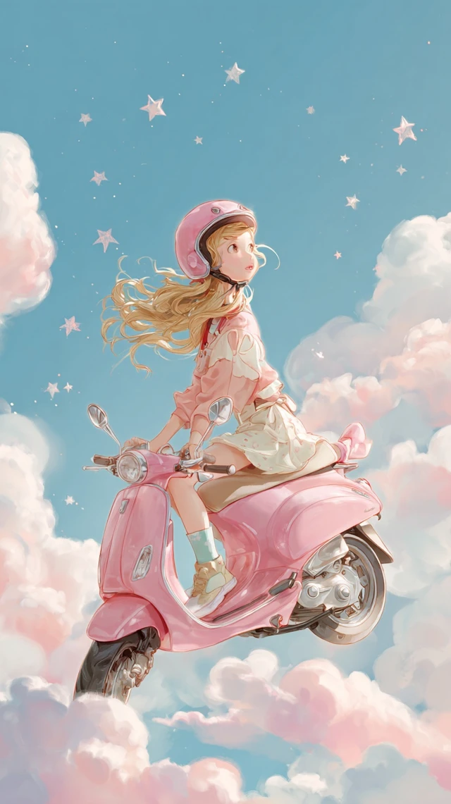 Cute Girl Riding Scooter In The Sky Pastel Illustration
