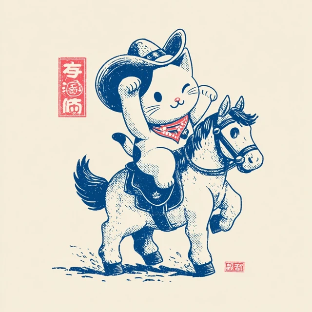 Cute Cartoon Cat Riding Horse Retro Design