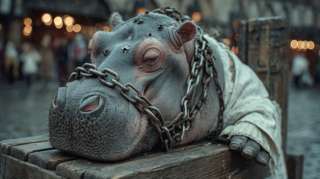 Hippopotamus in Shirt on Medieval Street